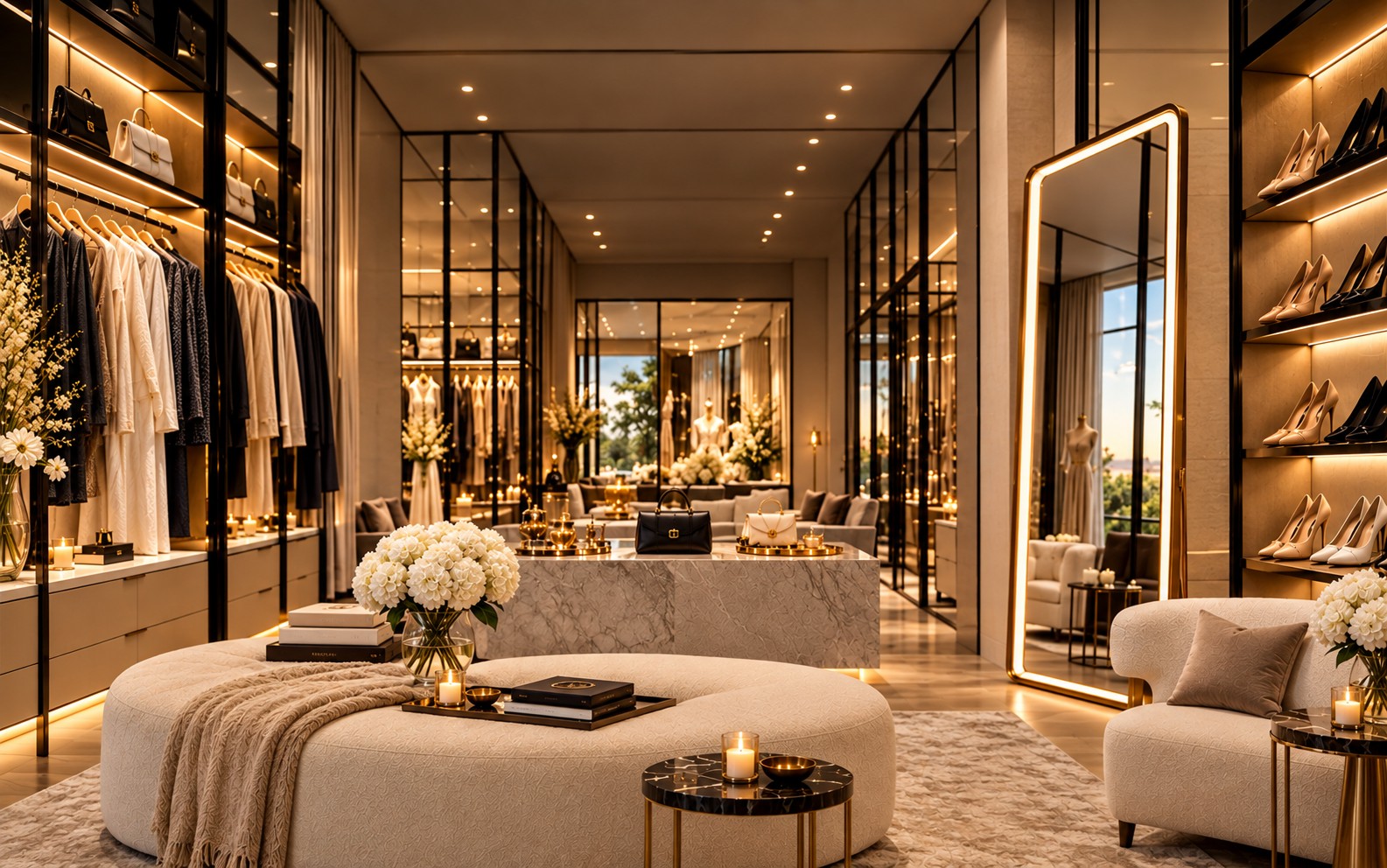 The Ask the House styling room: a lit wardrobe, a wall of shoes, a mirror and a marble counter set with handbags