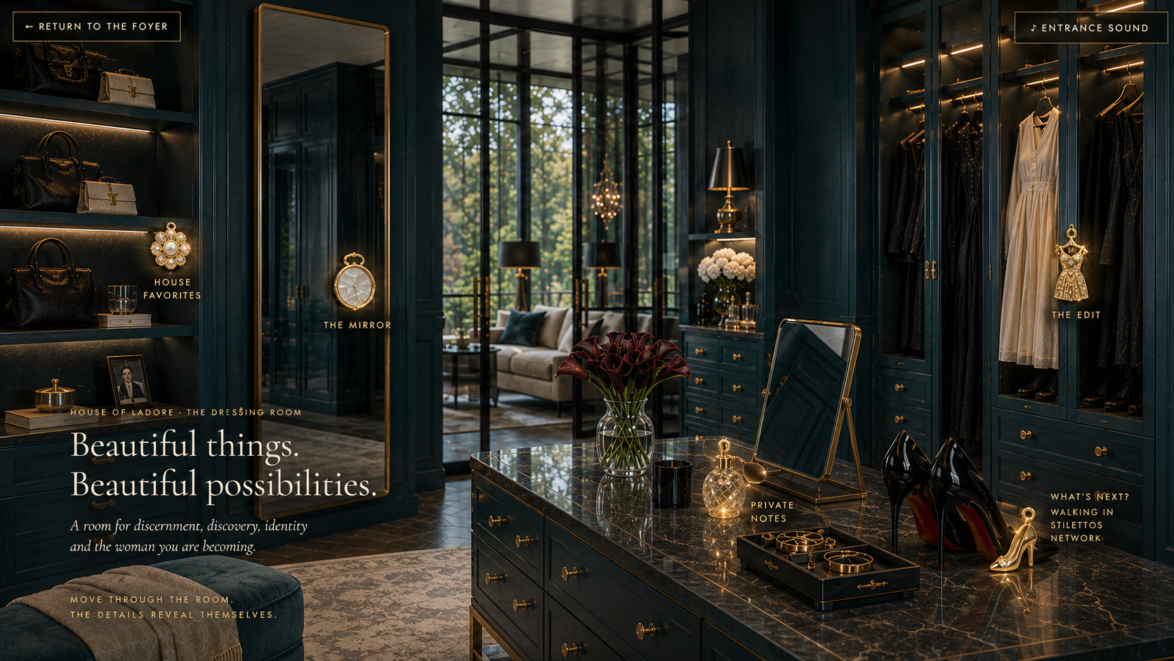 House of LaDore Dressing Room with jeweled interactive charms for House Favorites, The Mirror, The Edit, Private Notes and Walking in Stilettos