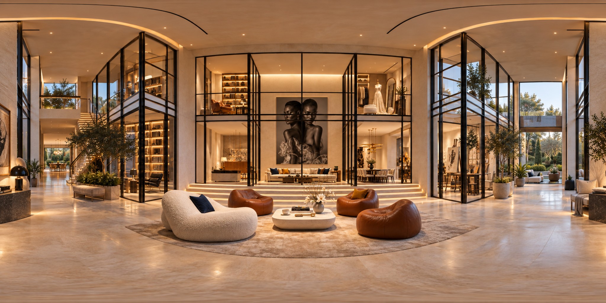 The Foyer: a double-height ivory hall with glass-walled rooms opening off it.