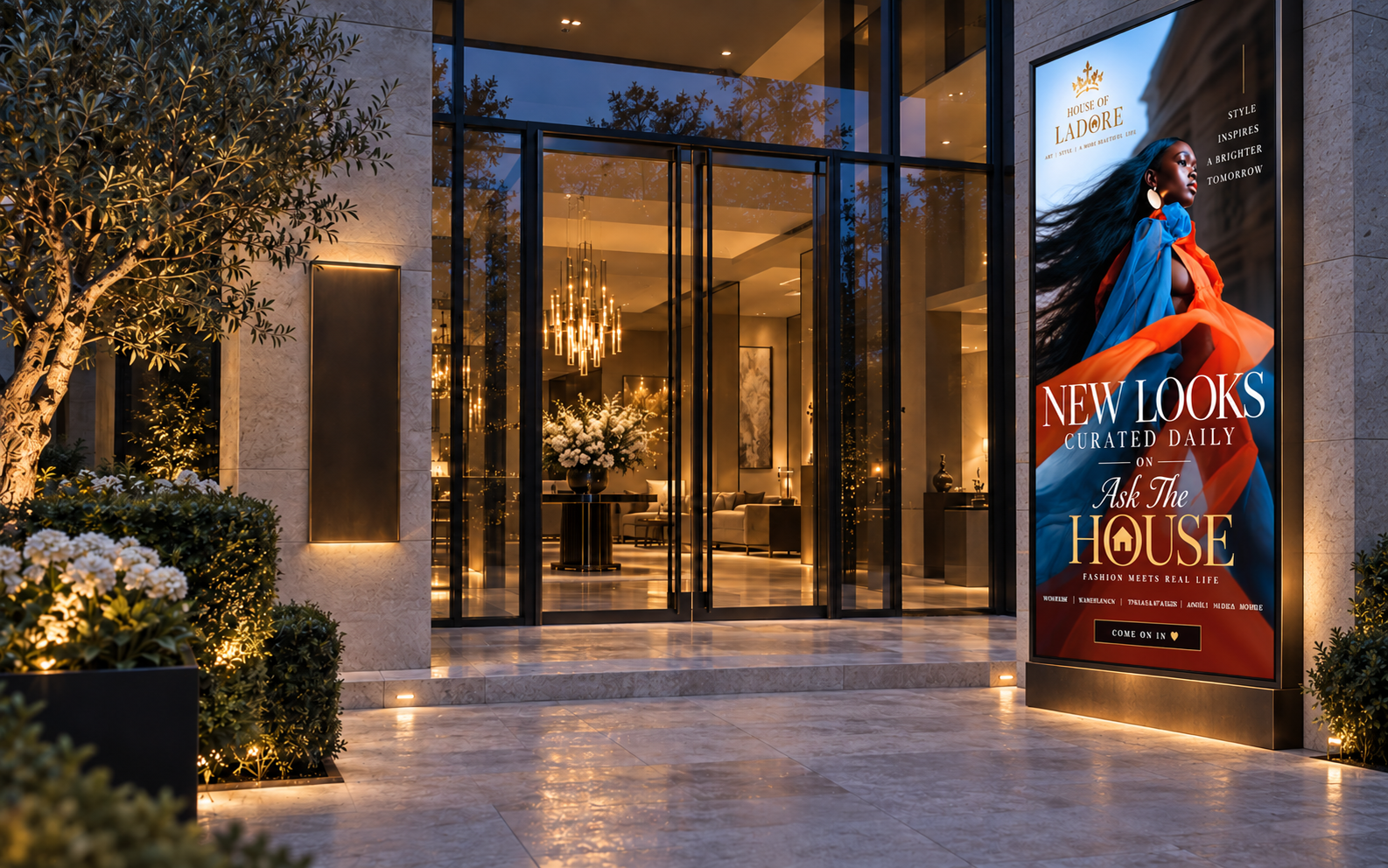 The illuminated glass entrance of House of LaDore
