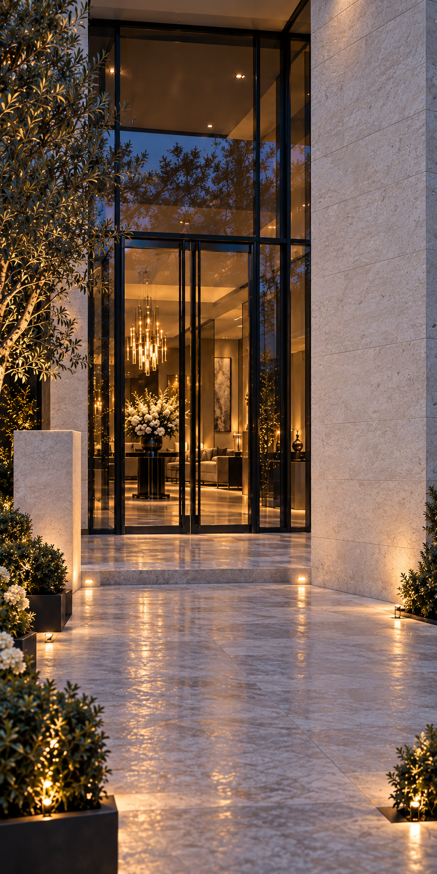 House of LaDore illuminated limestone and glass entrance