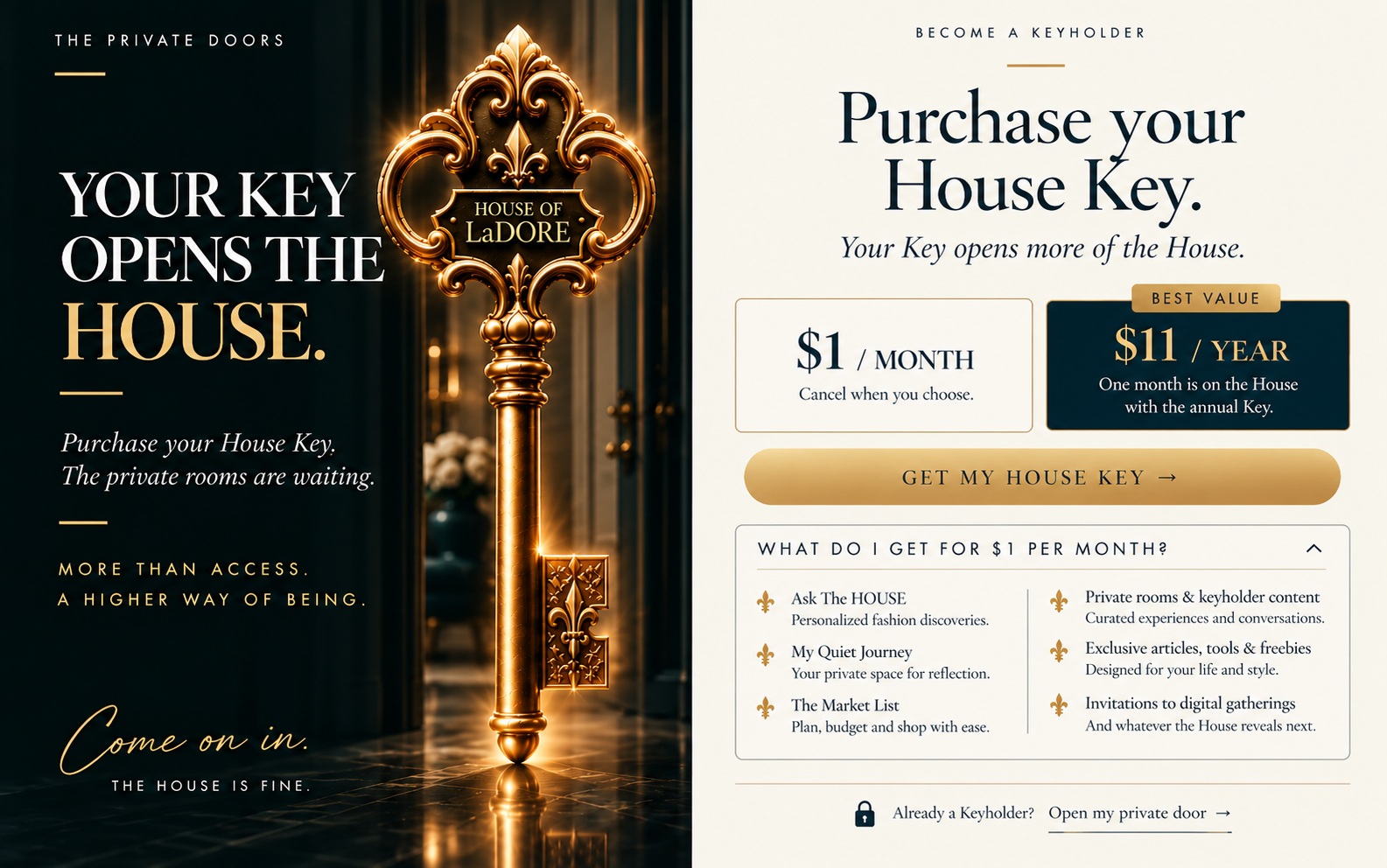 House of LaDore House Key membership — $1 monthly or $11 annually