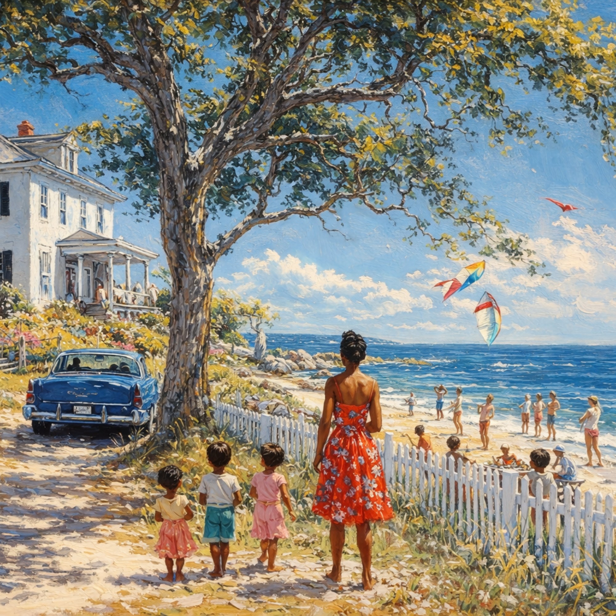 Kite-Filled Days — mother and children watching kites soar